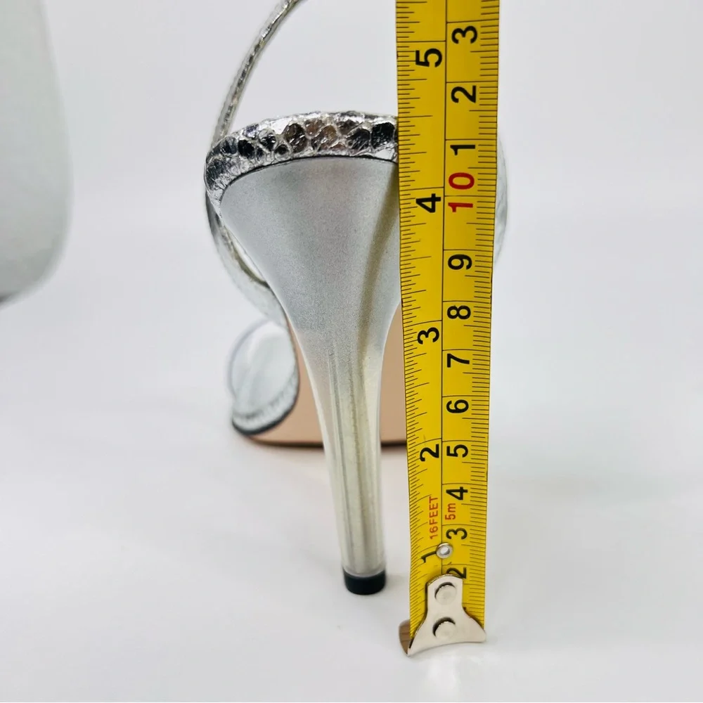 Good American Silver Snake Skin & Lucite Square Toe Slingback Stiletto Heels